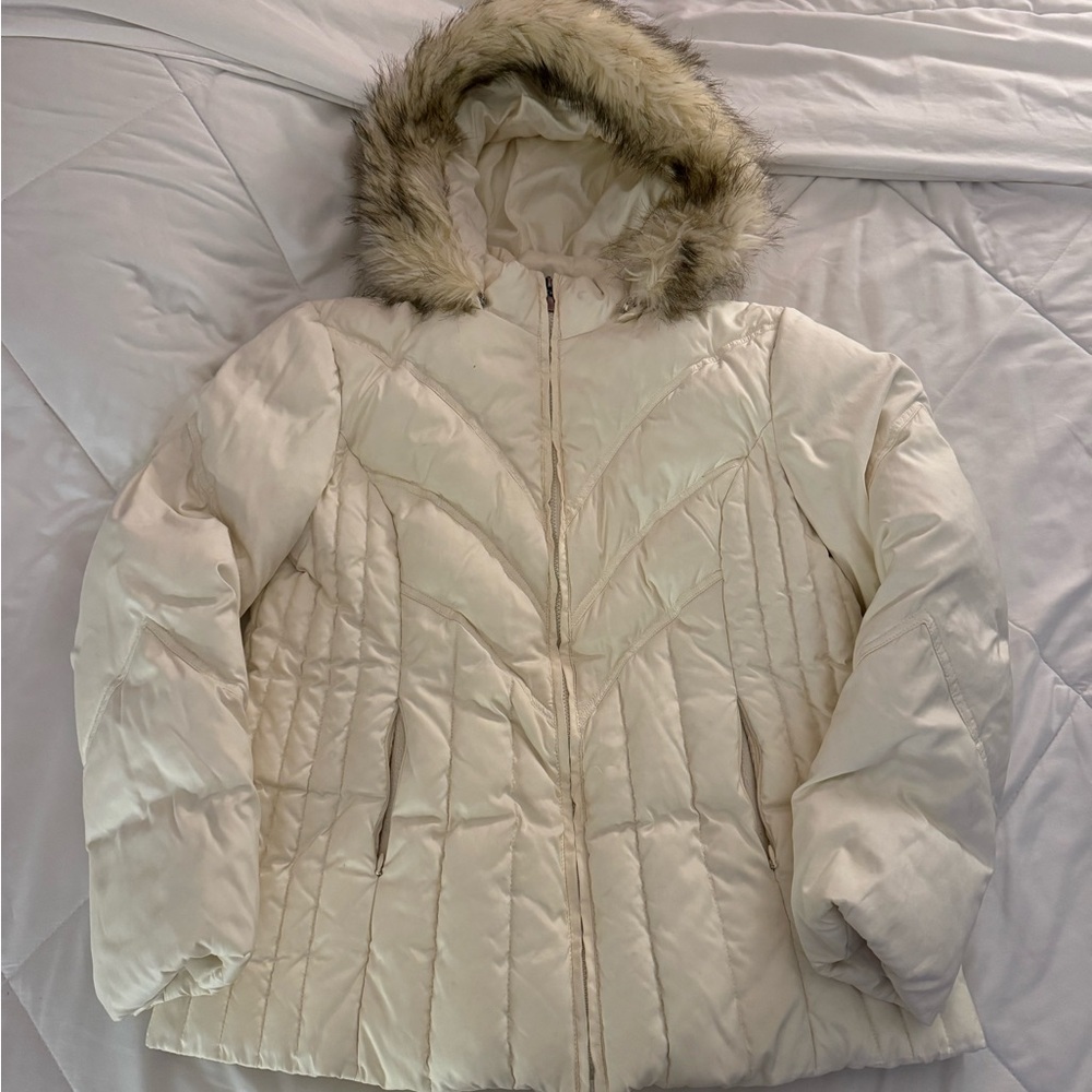 Lane Bryant Cream Puffer Jacket with Faux Fur Hood